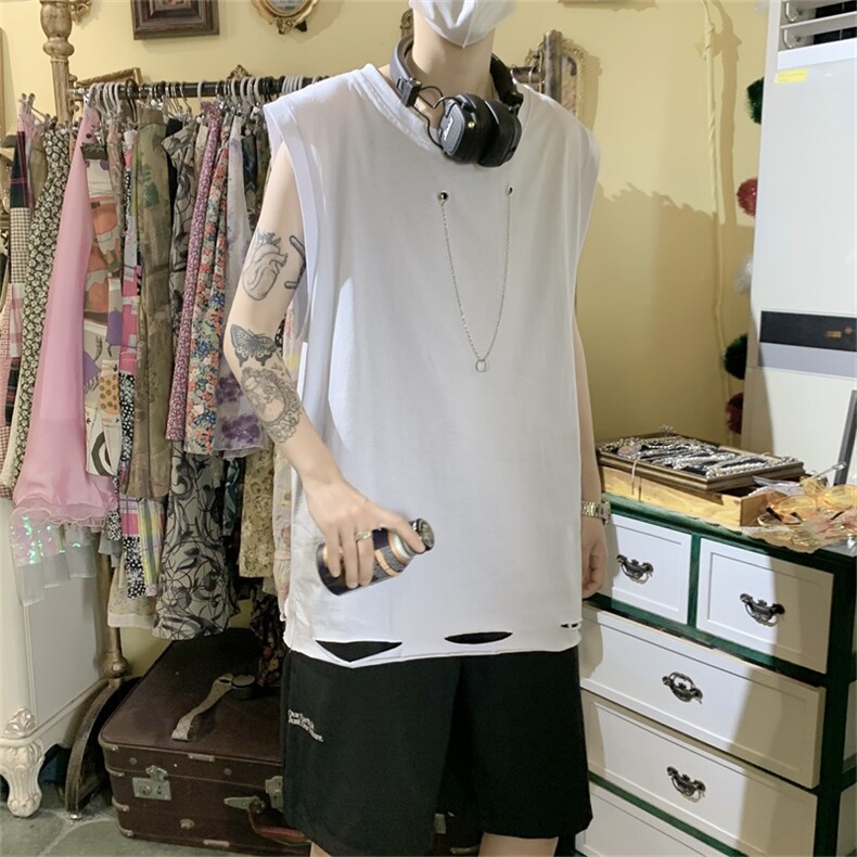 夏项链无袖T恤男个性潮牌ins潮流宽肩砍袖背心嘻哈坎肩T664-P25,男装T恤,星座512-2