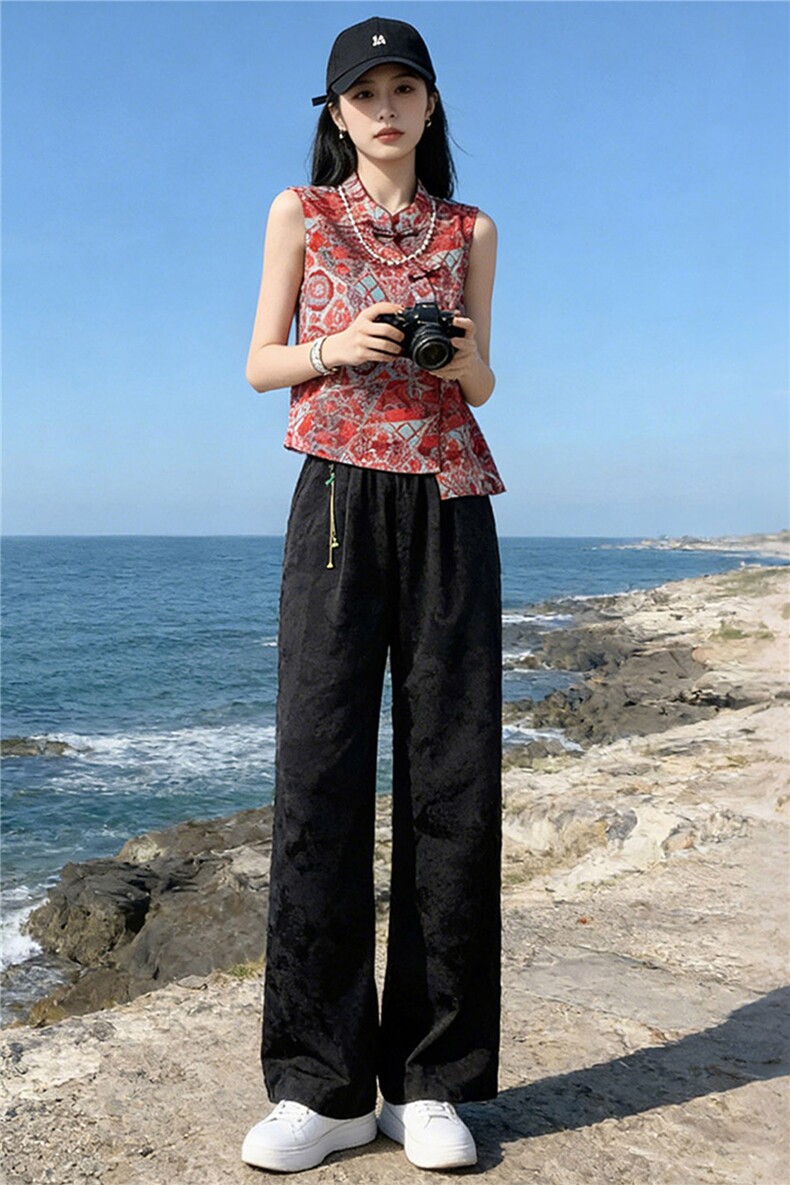 女夏季新款唐装时尚气质套装民族风立领提花无袖上衣阔腿裤两件套,女装套装/套裙,江南