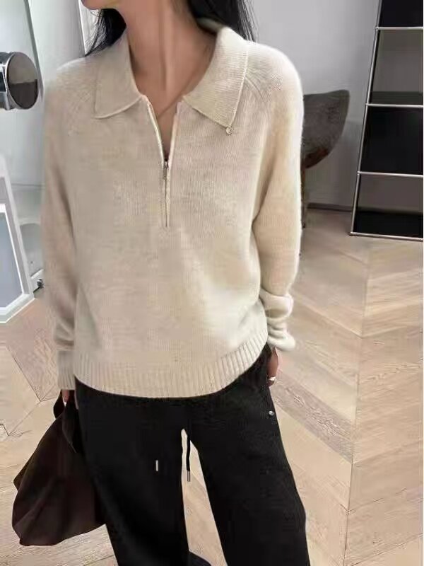 2025年秋季长袖常规拉链Polo领贝壳装饰，女装羊毛衫，百纯羊绒