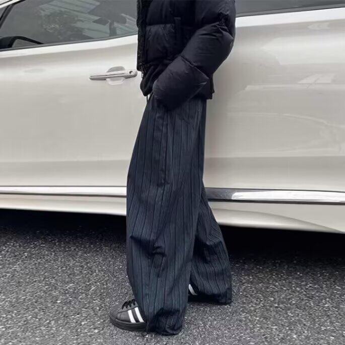 复古黑蓝竖条纹阔腿裤男美式潮牌慵懒风宽松休闲设计感拖地裤长裤,男装休闲裤,四季星座505