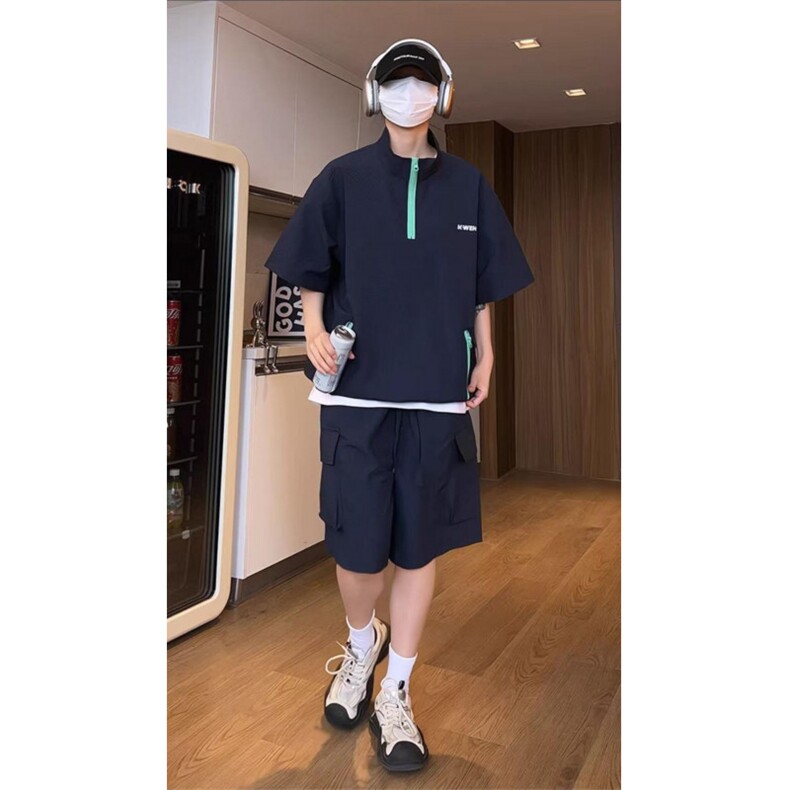 泡泡纱立领短袖短裤两件套男生酷帅穿搭套装夏季情侣装ootd一整套,男装休闲套装,电商A061