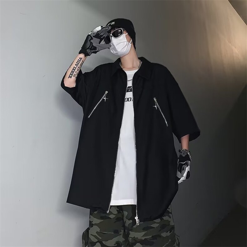 美式暗黑复古拉链短袖衬衫男夏潮牌外穿痞帅衬衣宽松外套帅气学生，男装衬衫，星座601-2