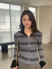 时尚新款条纹开衫女翻领纯色毛衣修身拉链针织外套，女装针织衫/毛衣，玛卡隆羊绒