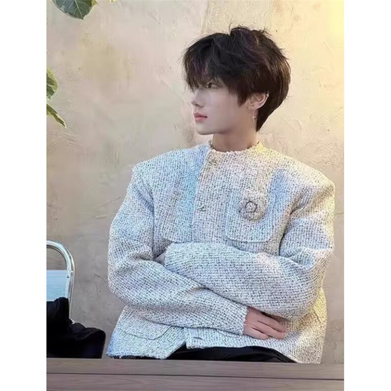 春装韩小香风时尚外套玫瑰花廓形垫肩开衫无领夹克J449,男装夹克,星座1116A（原606A-3）