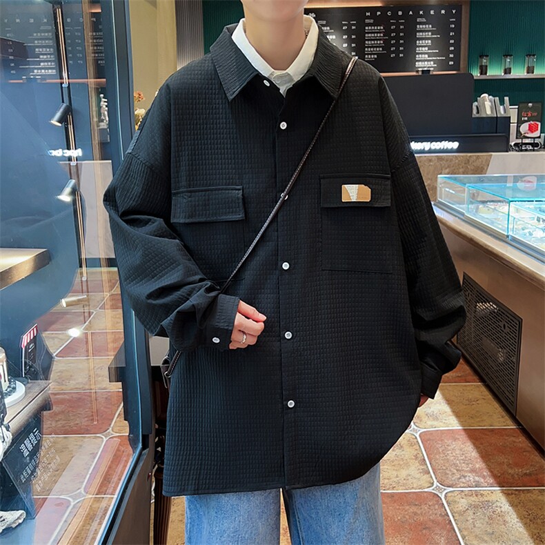 A775-P36日系潮流宽松长袖衬衫休闲衬衣服新款百搭华夫格外套男,男装衬衫,星座512-6