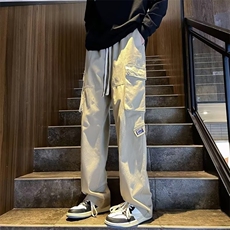 黑色工装牛仔裤男夏季新款高街潮牌飘带阔腿休闲裤宽松直筒拖地裤，男装休闲裤，四季星座218-1