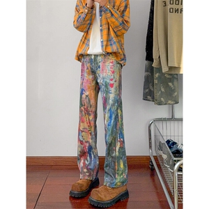 B221 美式ins高街暗黑宽松直筒3D印花牛仔裤LK25431-特P50控88图片