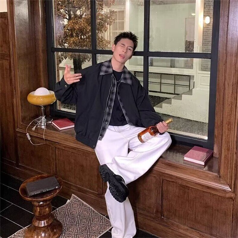 春秋美式复古翻领格子拼接假两件夹克男棒球服外套潮牌，男装夹克，星座716-4