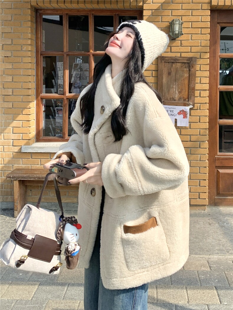 减龄两面穿咖色皮毛一体外套女冬季2025新款羊羔毛小个子加厚棉服,女装羊羔毛/颗粒绒,诺蝶