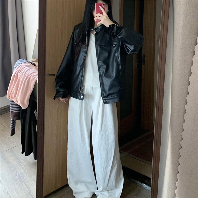 春季新款复古酷飒立领机车皮衣女韩版休闲黑色夹克外套,女装皮衣,星座506A