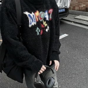 春秋季美式复古字母印花针织圆领毛衣男痞帅潮流百搭 M105图片