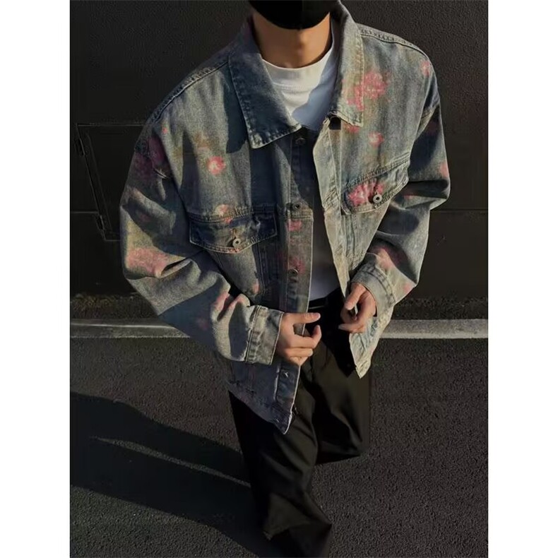 废土风牛仔外套男欧美街头涂鸦水洗做旧破洞春秋款垫肩夹克男女,男装工装外套,星座506A