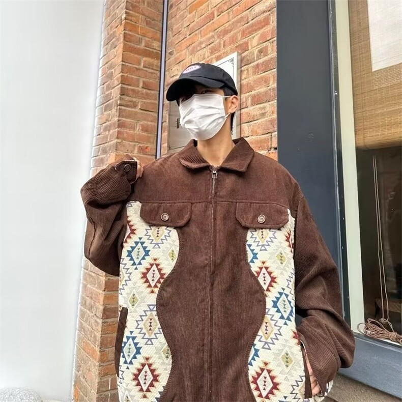 美式潮灯芯绒拼接翻领夹克男秋季宽松情侣百搭休闲外套个性WT533,男装夹克,星座1116A-1（原606A）