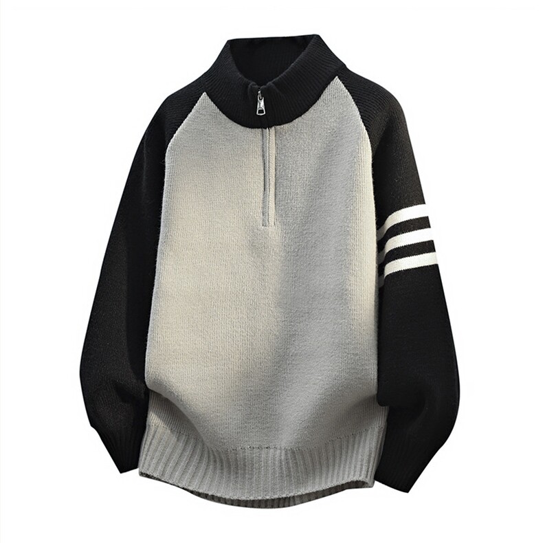 76303-P70时尚半高拉链领毛衣套头衫男针织衫宽松撞色外套打底衫，男装针织衫/毛衣，电商D310B