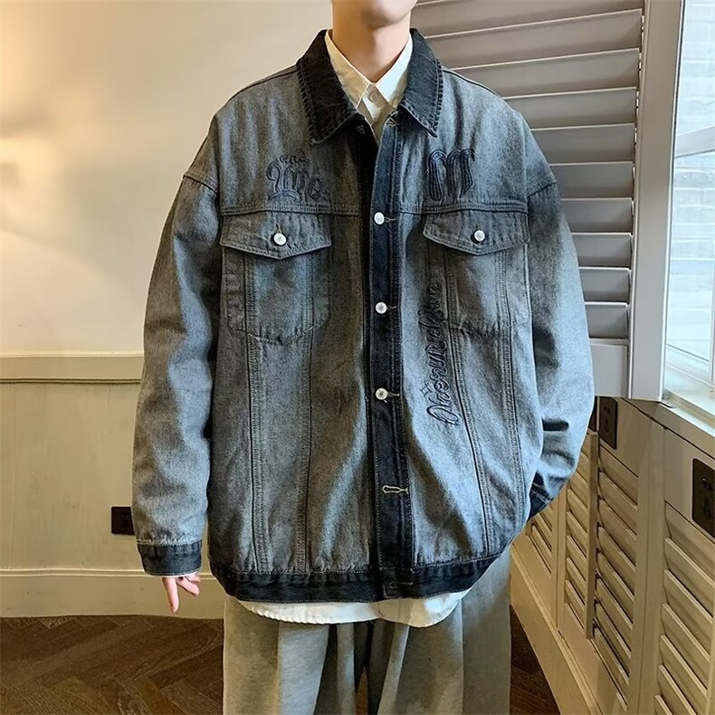 牛仔外套男韩版潮流字母刺绣高街帅2023春秋新款ins夹克W4622-P63，男装大码男装，星座412-2