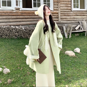 圆领宽松茧型高端羊绒双面呢大衣女秋冬新款中长款加厚毛呢外套图片