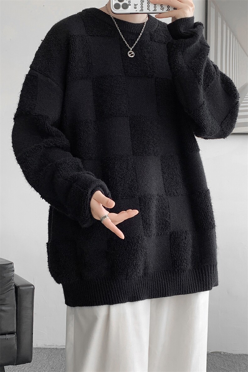 8XL-M特大码美式街头设计感毛巾绣格子毛衣男女情侣MY1204P50控68,男装针织衫/毛衣,电商D206-1