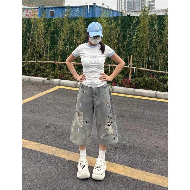 夏季小狗刺绣牛仔短裤男女潮流宽松直筒阔腿破洞七分裤LA3377-P50,男装牛仔裤,星座1008