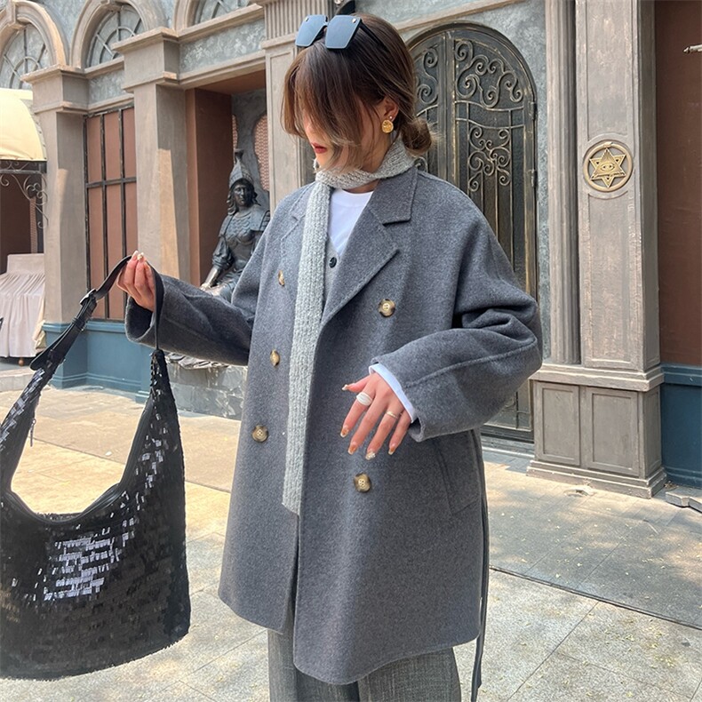2025年夏季系带常规中长款长袖纯色双面呢大衣时尚百搭简约大方，女装双面呢大衣，蒙绒特
