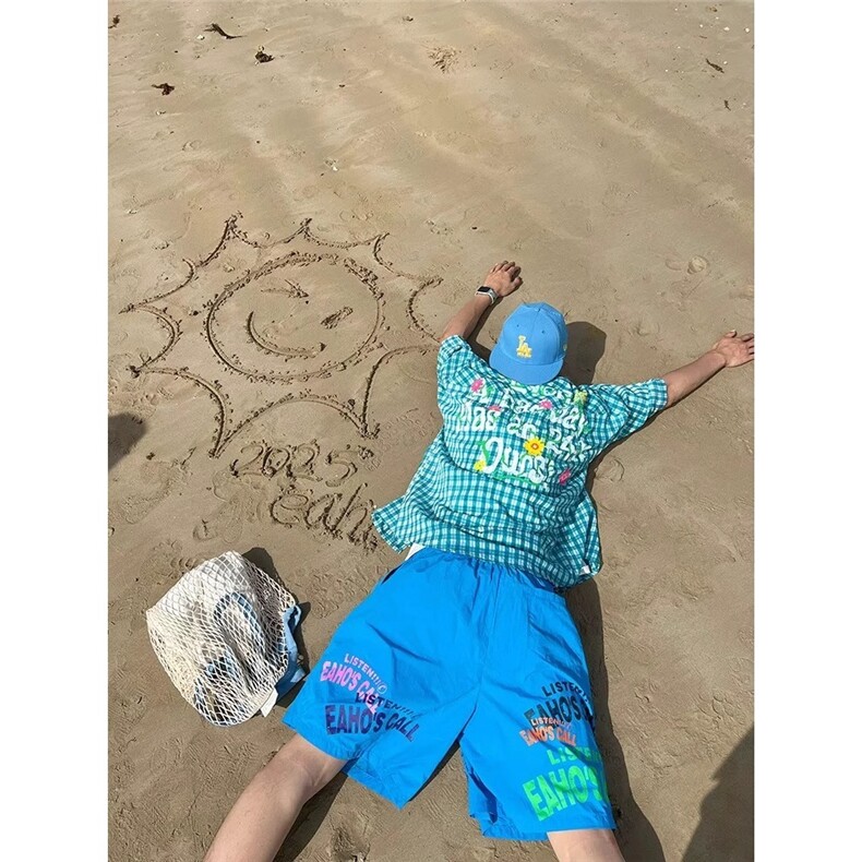 自制美式字母印花阔腿五分裤男女夏季宽松休闲多巴胺沙滩短裤，男装牛仔裤，星座506A