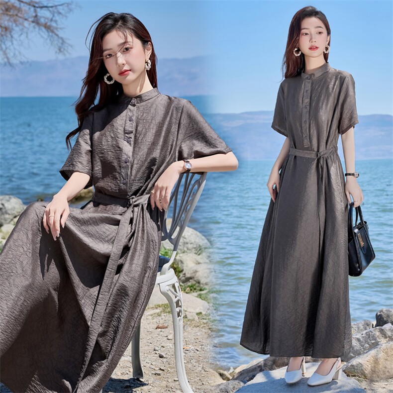 天丝连衣裙女夏季2025新款高端洋气时尚系带收腰显瘦气质复古裙子，女装连衣裙，缘衣格