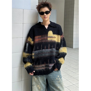 覆古chic撞色翻领针织衫男女秋季宽松慵懒风休闲套头毛衣 MY9576图片