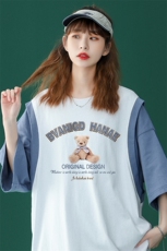 中性风夏季潮流时尚小熊印花情侣假两件背心+T恤T512P35控48，男装T恤，A247A