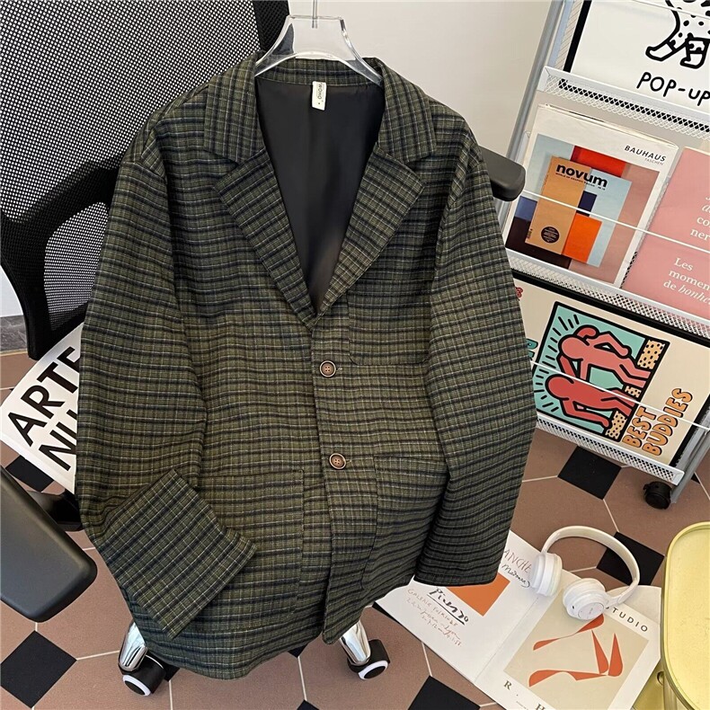 春秋格子西服外套男士韩版潮流宽松百搭帅气上衣1800P58，男装西服，星座410-2