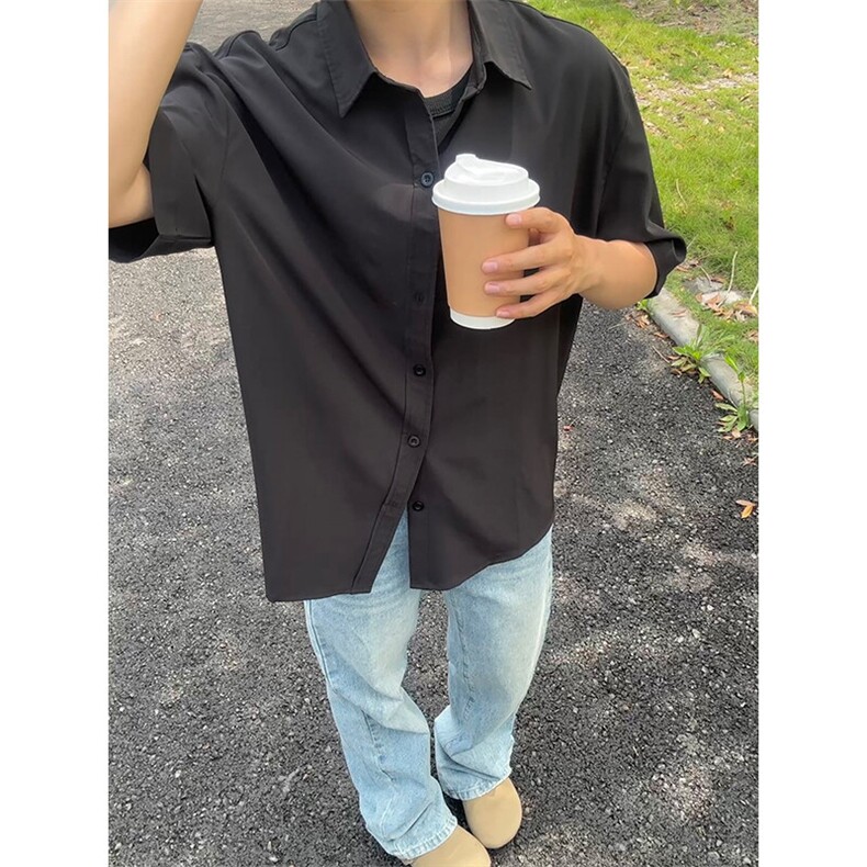 薄款冰丝短袖衬衫男简约纯色垂感休闲痞帅衬衣CS288-P20,男装T恤,星座301C-5