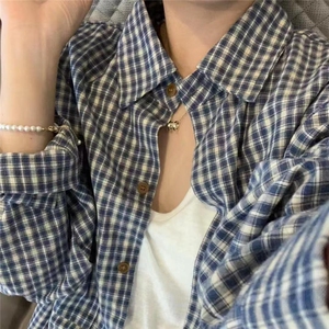 蓝色衬衫女秋季街头polo领格子衬衣休闲外套oversize美式复古上衣图片