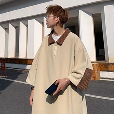 落肩袖日常潮宽松型夏季七分袖短袖翻领拼色华夫格青少年常规纯色，男装T恤，星座506A