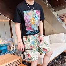 2025新品欧货短袖上衣短裤套装高级感宽松男士潮牌花印花薄两件套，男装休闲裤，星座506A