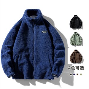 冬季新款男士外套翻领修生摇粒绒羊羔绒加棉夹克拉链休闲纯色外套图片