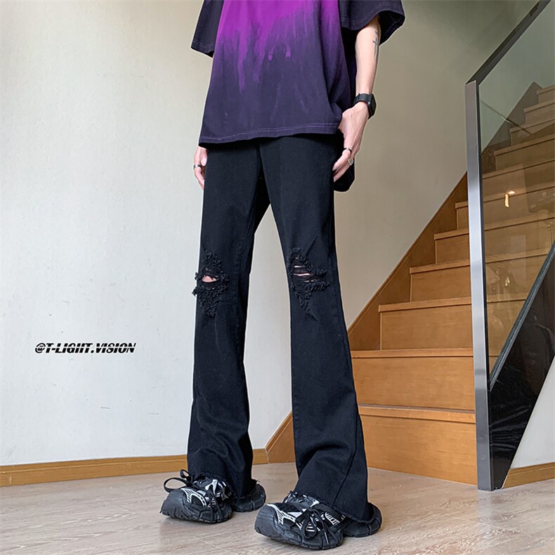 B221美式ins高街暗黑休闲弹力微喇破洞牛仔裤LK23089-P65控88,男装休闲裤,电商B221