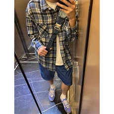 蓝色格子衬衫男女款秋冬季2024新款宽松休闲长袖百搭衬衣复古外套，男装衬衫，星座506A