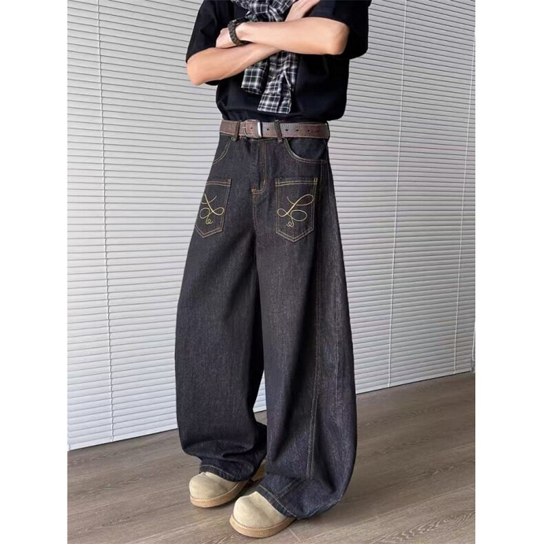 美式小众反穿口袋设计感弯刀牛仔裤男女宽松阔腿刺绣裤子NE164,男装牛仔裤,星座1116A（原606A-3）