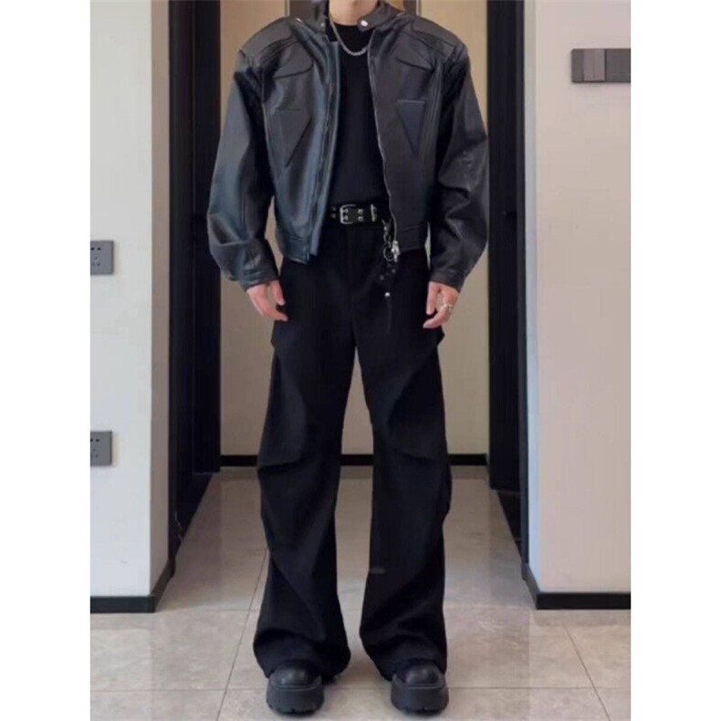 美式褶皱弯刀西裤男春秋款cleanfit黑色裤子垂感高级感阔腿西装裤,男装西裤,星座310A-4