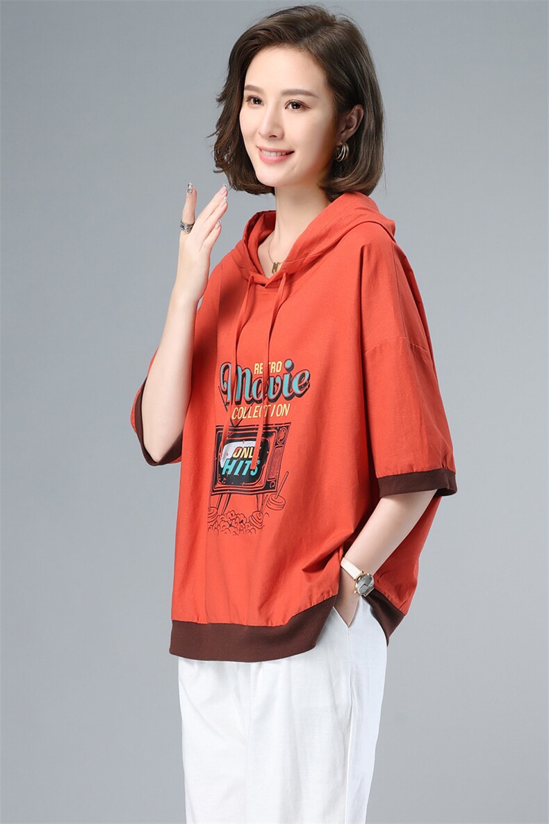 2021夏季新款简约时尚气质减龄印花设计休闲连帽卫衣,女装卫衣/绒衫,奕阳依阁