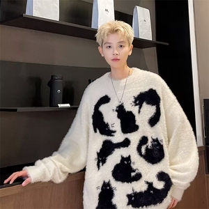 美式复古设计感猫咪圆领毛衣男秋冬季情侣软糯百搭针织衫M5718图片