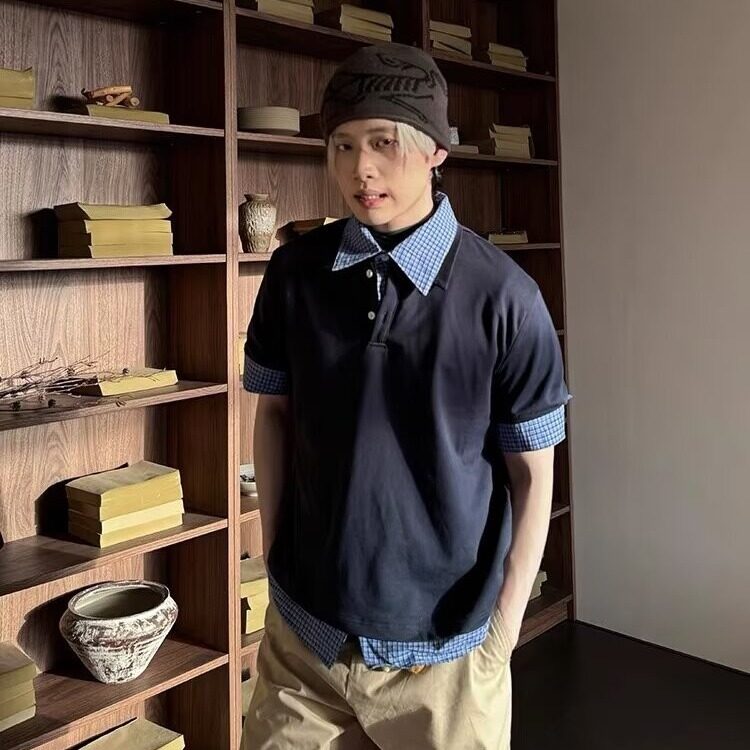 网图现货假两件美式宽松复古短袖T恤男女T202/P43,男装T恤,星座205-3