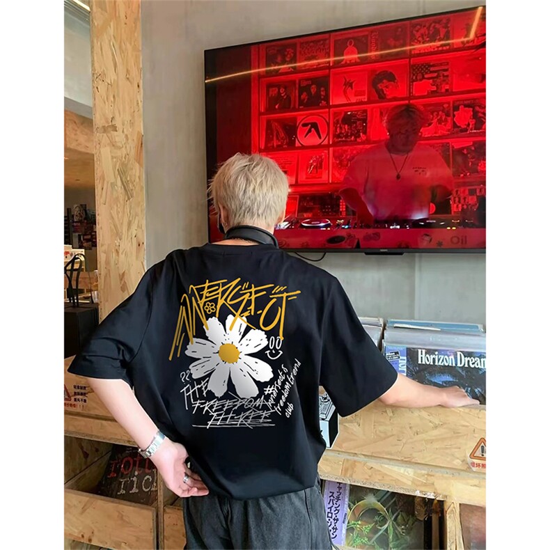 抖音得物210克现货宽松纯棉美式潮牌印花落肩袖纯棉T恤AT21108,男装T恤,电商A443
