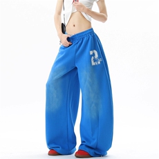 美式复古蓝色阔腿运动裤女男夏季宽松垂感水洗渐变弯刀休闲卫裤潮，男装休闲裤，星座715-4