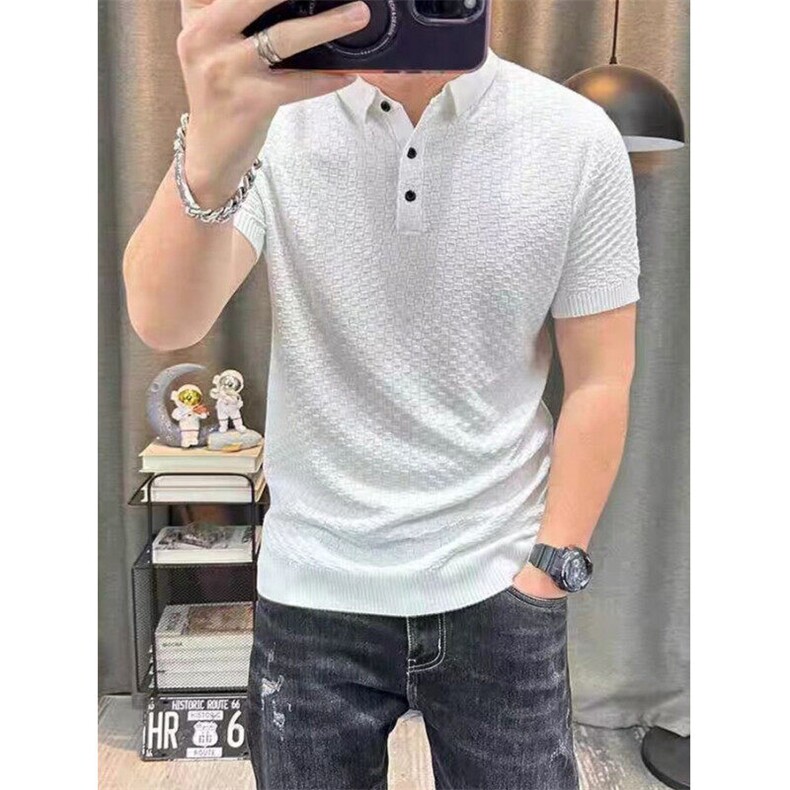 格子翻领针织衫男半袖男士polo领弹力修身短袖时尚T恤衫T3908,男装Polo衫,星座1116A（原606A-3）