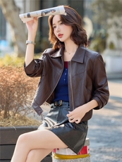 2025年秋季新款时尚宽松翻领短款皮衣外套女，女装皮衣，美沁
