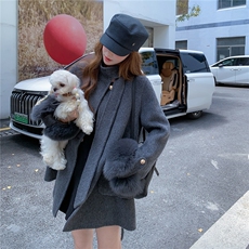 新款双面羊绒狐狸毛飘带大衣外套2B72-8638-1-P310-K398，女装双面呢大衣，乐吉娜