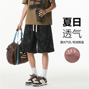潮牌花色灯芯绒运动短裤男夏季薄款美式透气中裤宽松直筒五分裤子图片