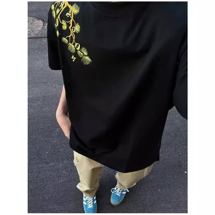 美式复古山茶花语刺绣t恤男女款夏季潮牌高街黑色潮半袖女TX04,男装T恤,星座1116A（原606A-3）