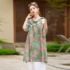 新中式国风印花棉麻套装女2025夏季新款时尚减龄休闲阔腿裤两件套，女装套装/套裙，魅影