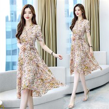 潮流优雅显瘦气质百搭韩版V领印花连衣裙2021夏季，女装连衣裙，贵人树