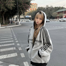 潮牌三条杠连帽开衫字母卫衣男女2025美式高街慵懒风情侣外套，女装短外套，星座601-1